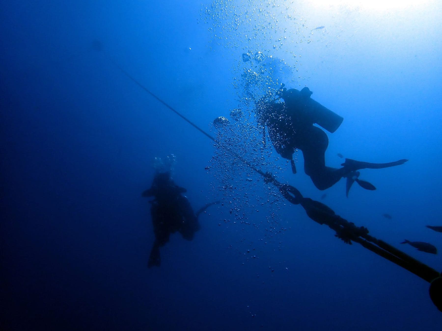 Descending the mooring line to the wreck