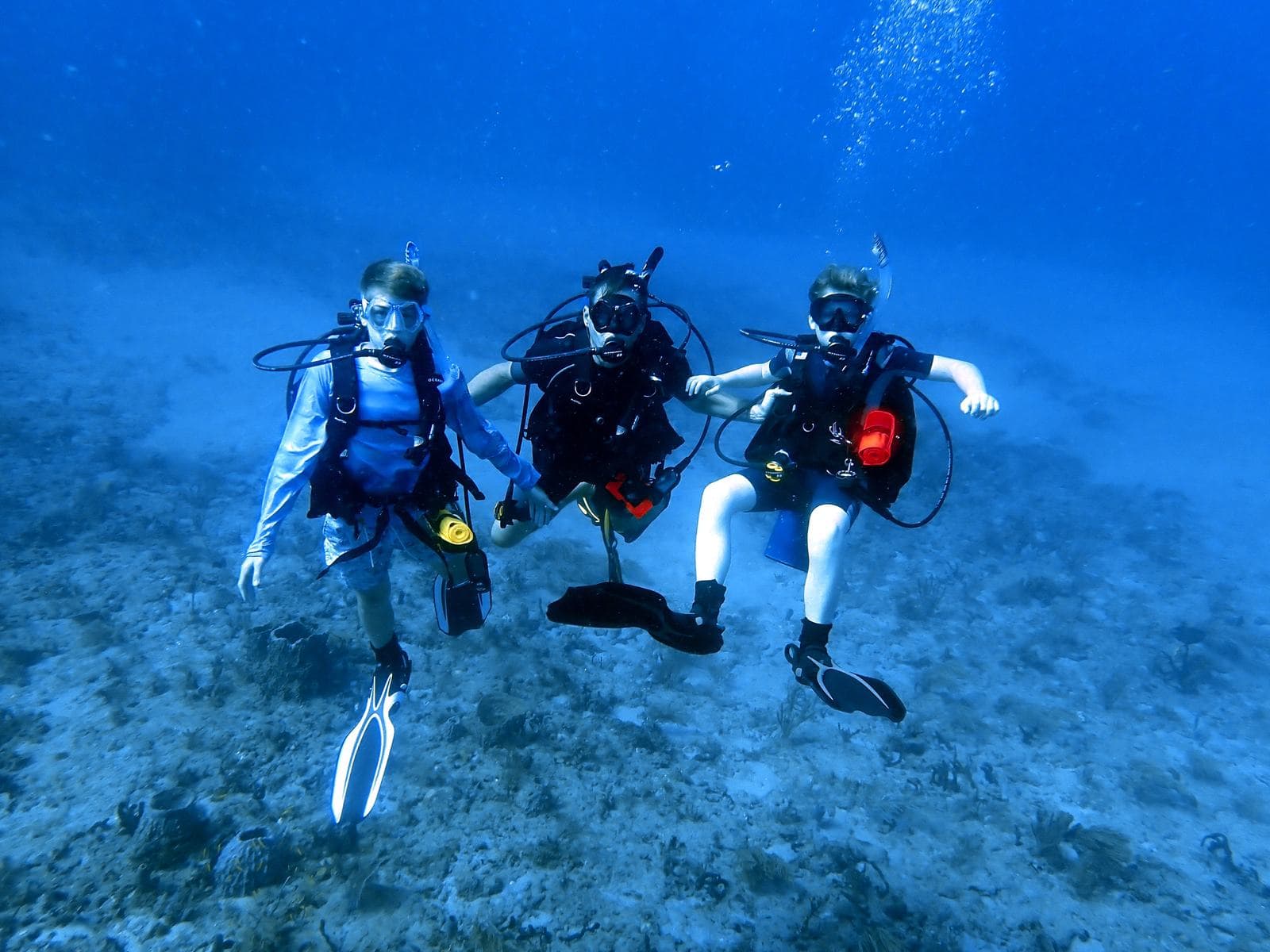 Three across, fins up