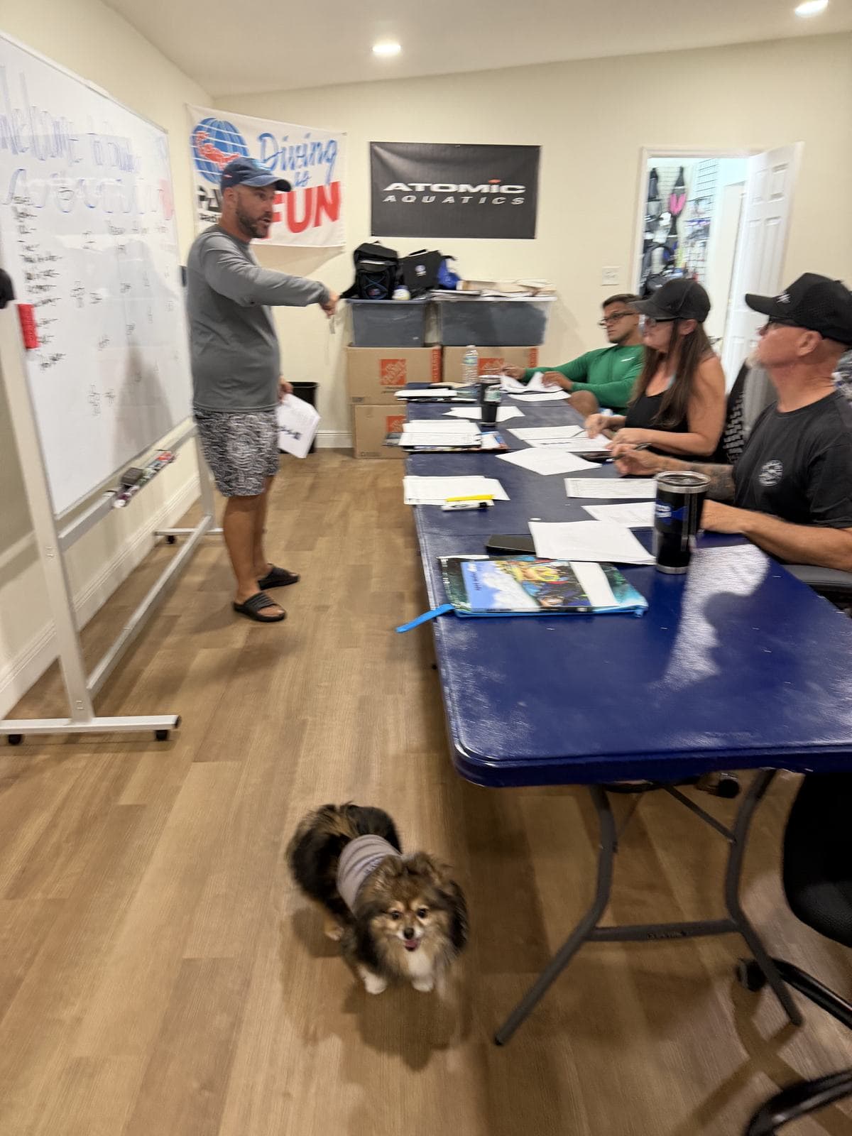 Open Water classroom, shop dog supervising